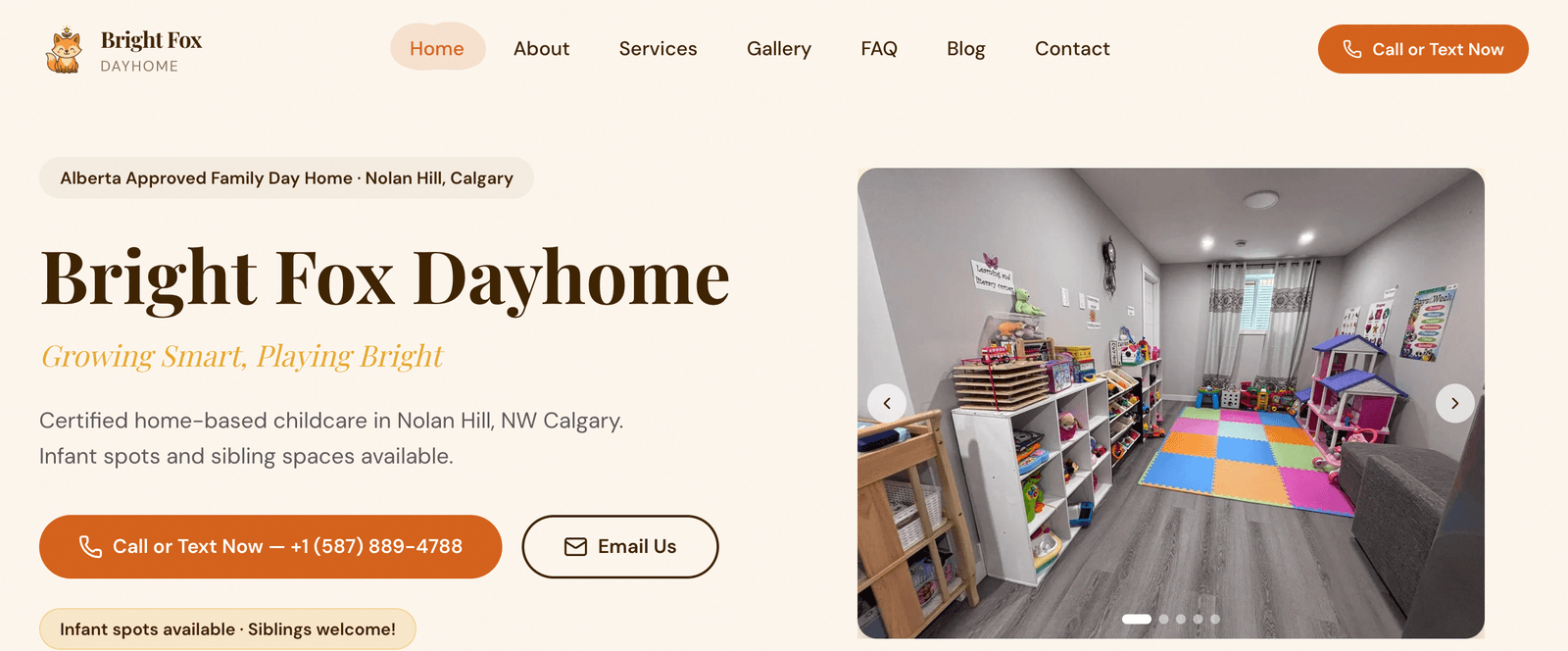 The Bright Fox Dayhome website PacedRevenue built: an Alberta approved family day home in Nolan Hill, Calgary, with a button to call or text on every page.